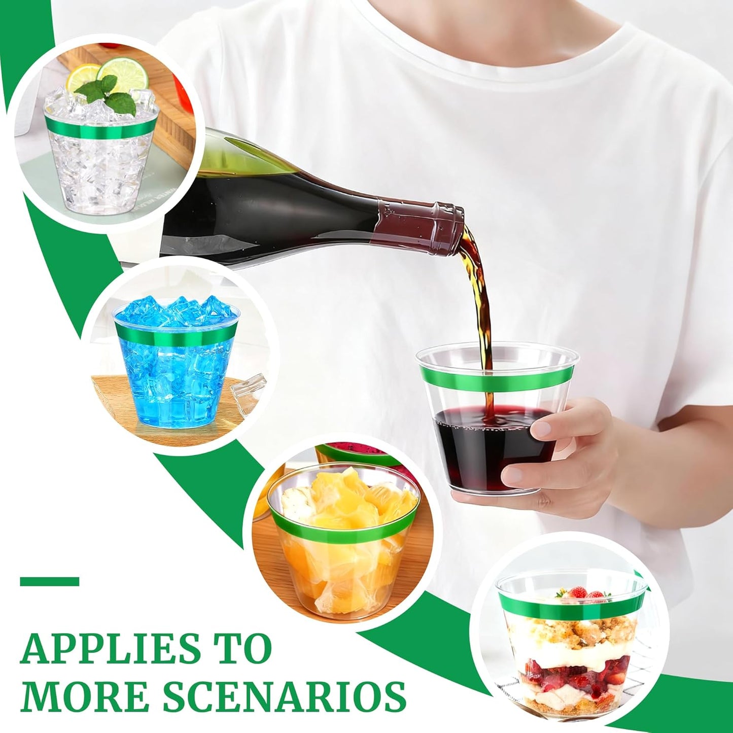 120 Pcs Green Plastic Cups,9Oz Green Rimmed Plastic Cups,Heavy Duty Clear Disposable Plasitc Cocktail Tumblers Wine Cup for Party,Wedding,Birthday,Christmas