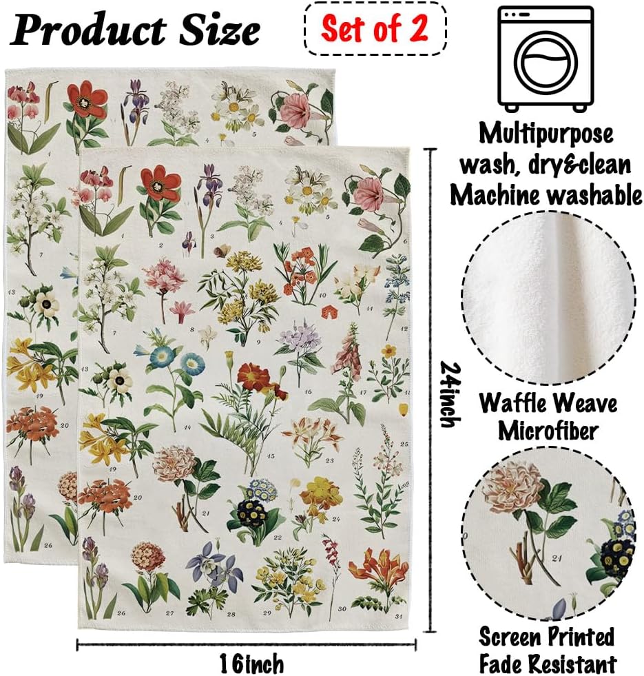 Vintage Wildflowers Botanical Kitchen Dish Towels Bathroom Towel Cottage Core Kitchen Towel Floral Illustrative Reference Flower Hand Towels 16 x 24 Inch