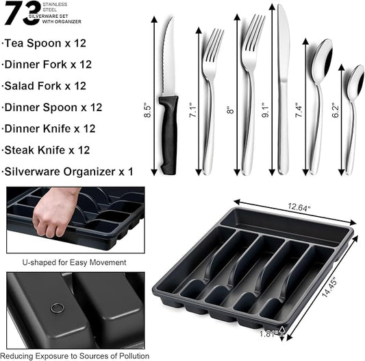 73-Piece Silverware Set with Organizer, Pleafind Stainless Steel Silverware Sets for 12, Cutlery Utensil Sets with Steak Knives, Include Forks Spoons Knives ＆ Silverware Organizer, Dishwasher Safe