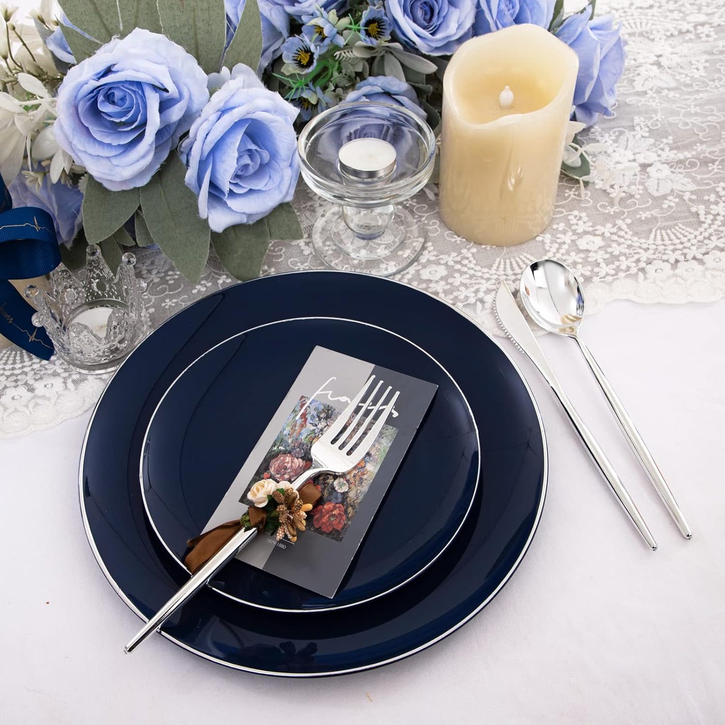 I00000 150Pcs Blue Plastic Plates,Heavy Duty Navy Blue Disposable Plates with Disposable Silverware include 30Pcs10.25' Dinner Plates,30Pcs 10.25' Dessert Plates, 90 Silver Silverware Set for Party