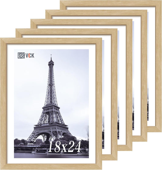 VCK 18x24 Oak Wood Frame for Poster & Picture, Natural Solid Wood Photo Frames 5 Pack, Wall Mounting Hanging
