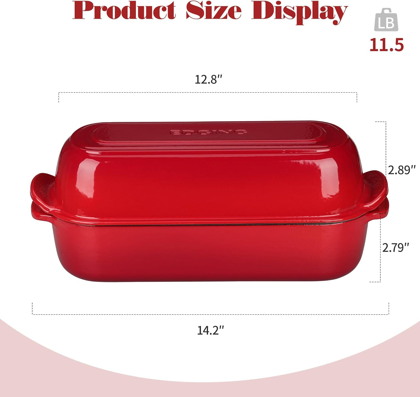 Enameled Cast Iron Loaf Pan with Lid, Dutch Oven Bread pan for Homemade Sourdough Bread Baking, 12.5x5.5 inch, 5qt, Red