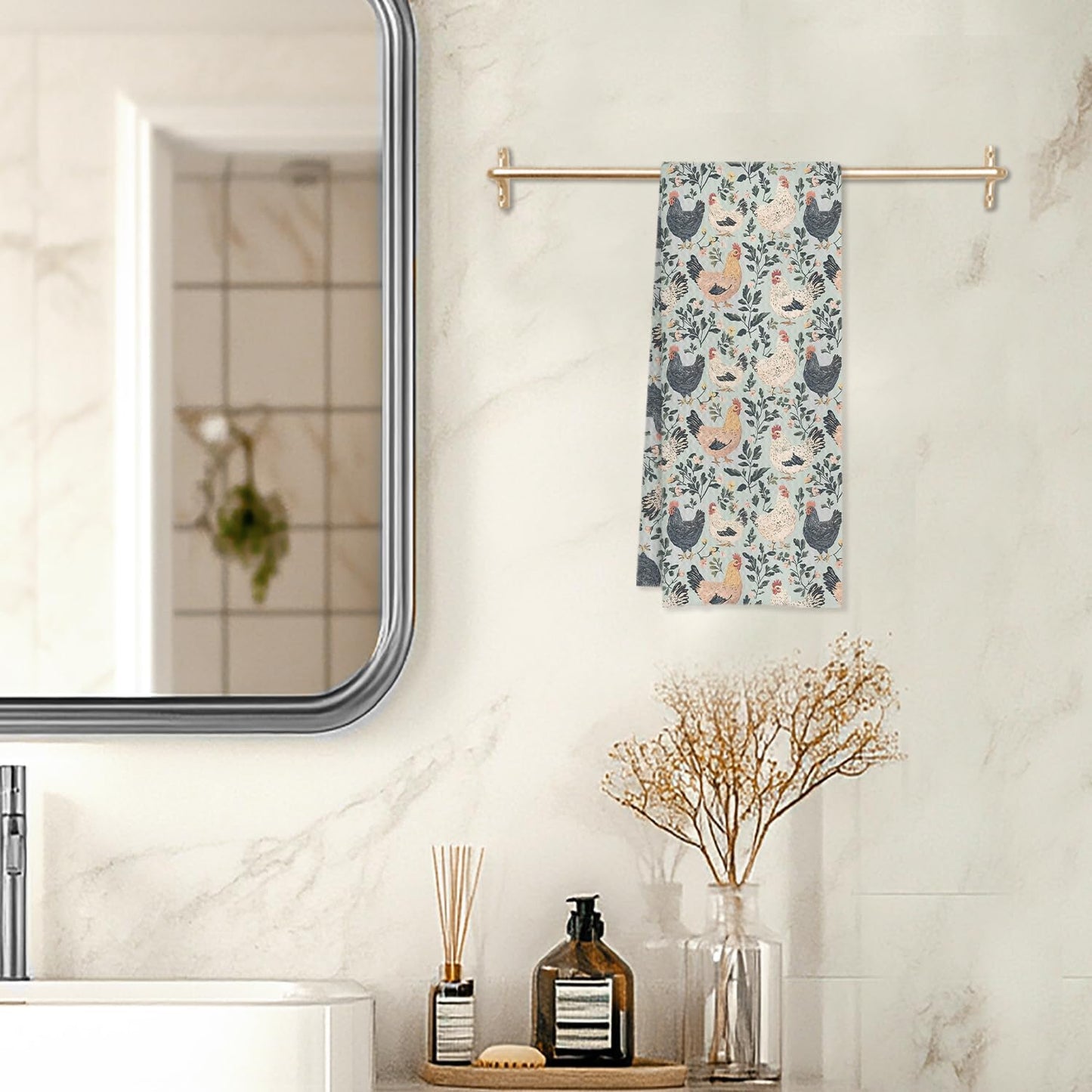 Rustic Floral Chicken Kitchen Towels, Chicken Lover Mom Lady Gifts Decorative Dish Tea Towels for Kitchen, Countryside Animal Hens Hand Towels for Bathroom, 16x24 Inches