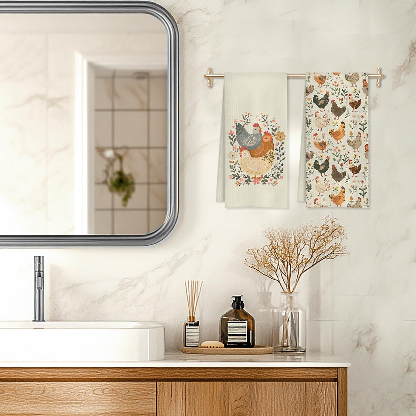 Farmhouse Chicken Rooster Kitchen Towels, Chicken Dish Towels, Rooster Decor Hand Towel for Bathroom Kitchen Decor, Cock Mom Lady Gifts,16x24 Inch Set of 2