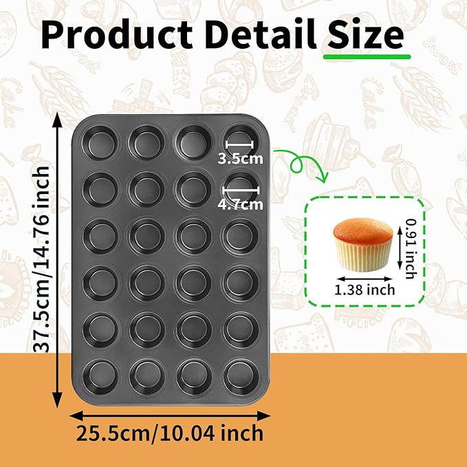 Beasea Mini Muffin Pan 24 Cups Nonstick, 1 Pack 24 Mini Small Cup Non Stick Muffin Baking Pan Tin Tray Carbon Steel Bakeware Individual Cupcake Baking Pan - Black