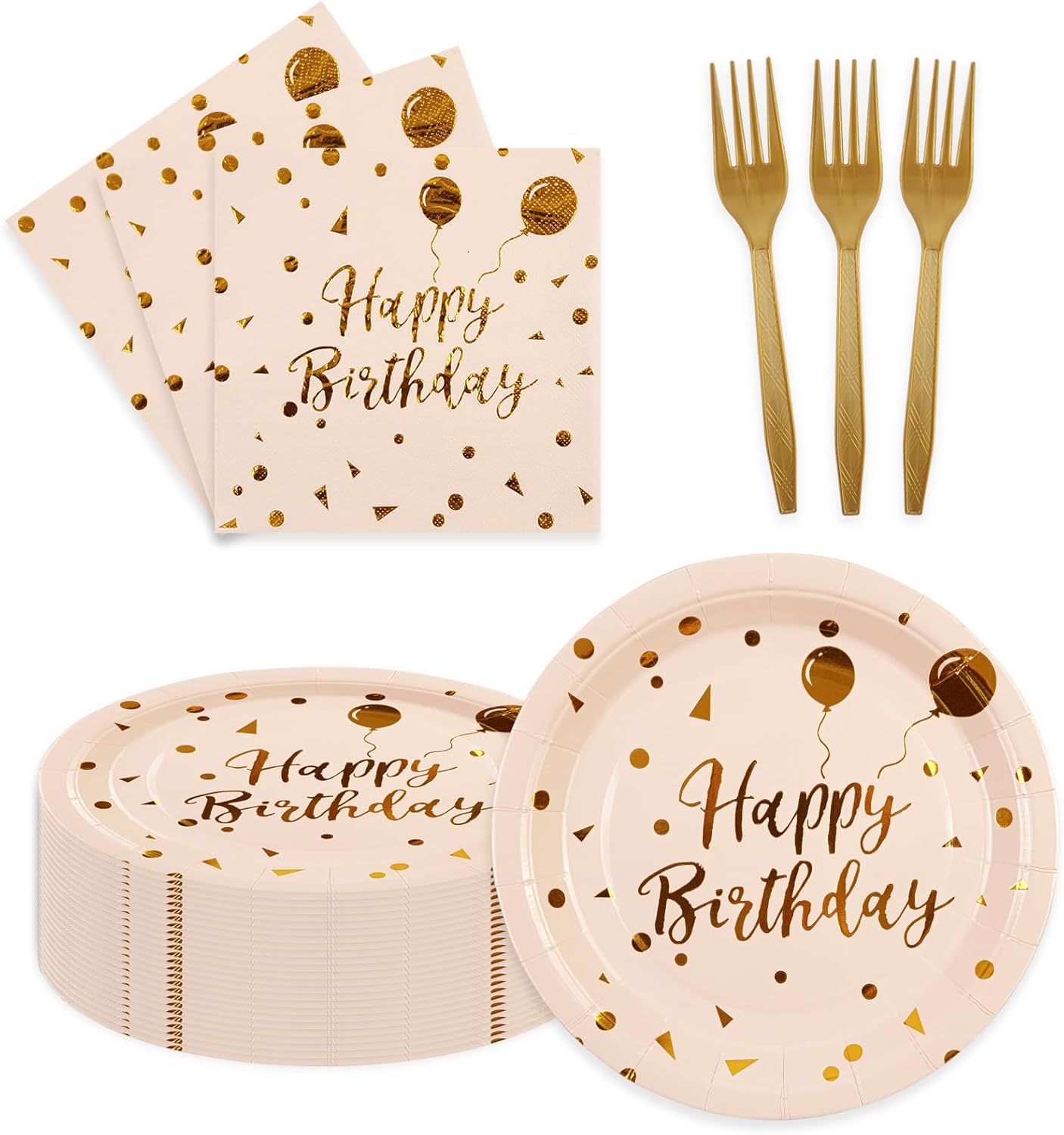 90PCS Happy Birthday Plates and Napkins Party Supplies, Disposable Pink Gold Dot Dessert Paper Plates Napkins with Forks Tableware Set Party Decorations for Girl Women Birthday Parties