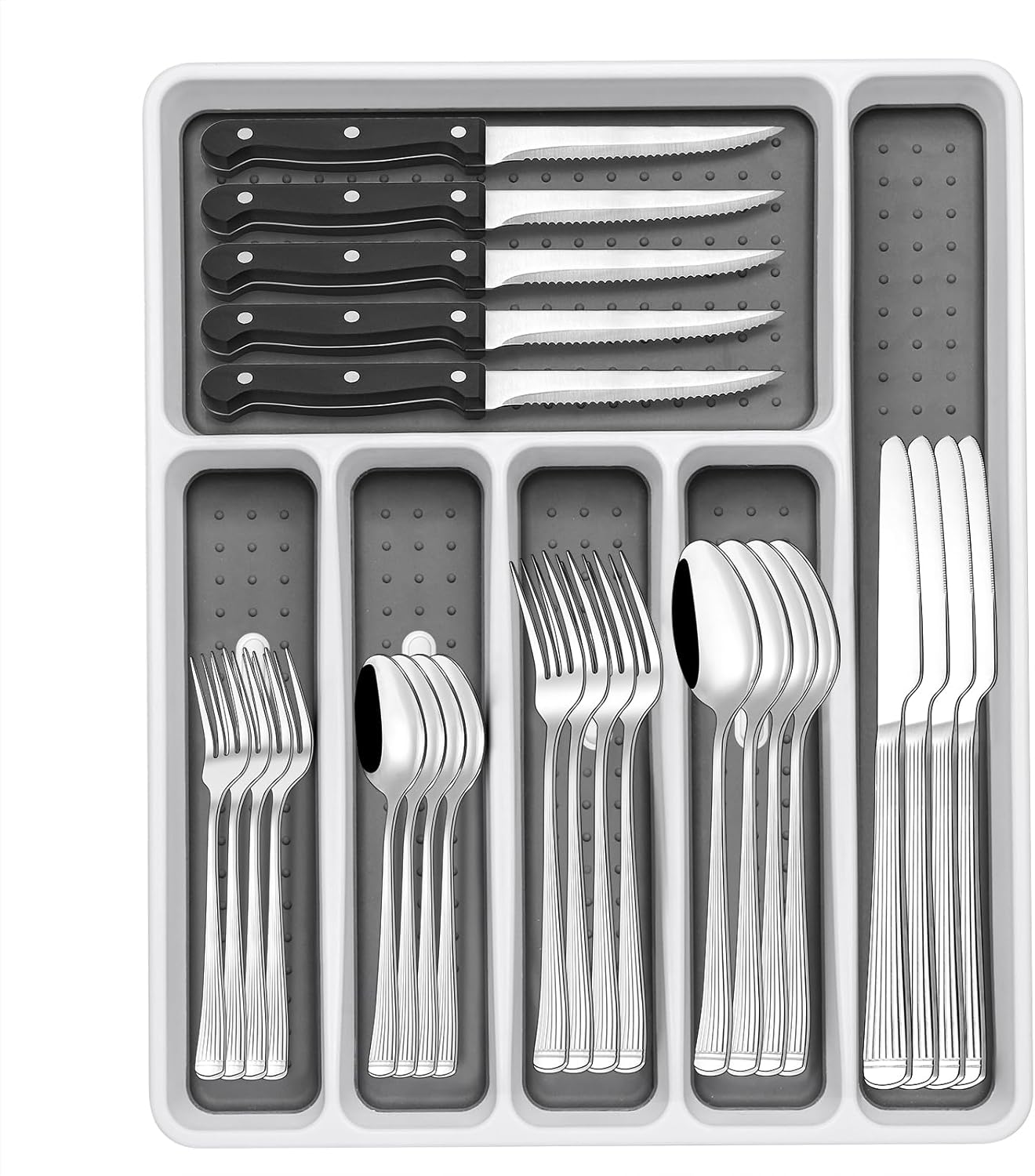 49-Piece Silverware Set with Organizer, Stainless Steel Roman Column Flatware for 8, Cutlery Utensil Sets with Steak Knives, Rust-proof, Mirror Polished, Dishwasher Safe