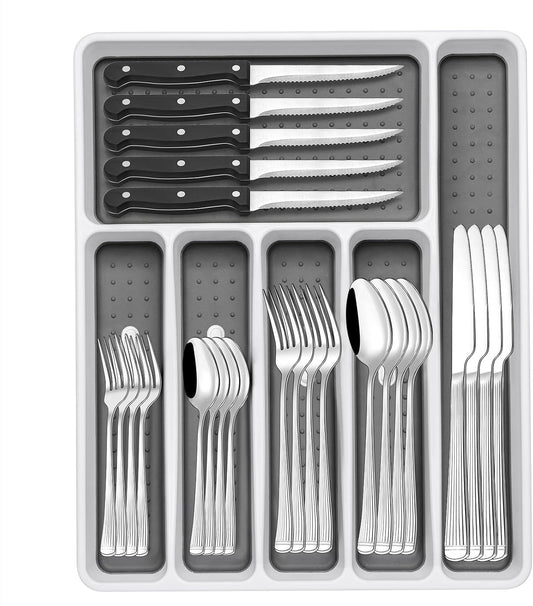 49-Piece Silverware Set with Organizer, Stainless Steel Roman Column Flatware for 8, Cutlery Utensil Sets with Steak Knives, Rust-proof, Mirror Polished, Dishwasher Safe