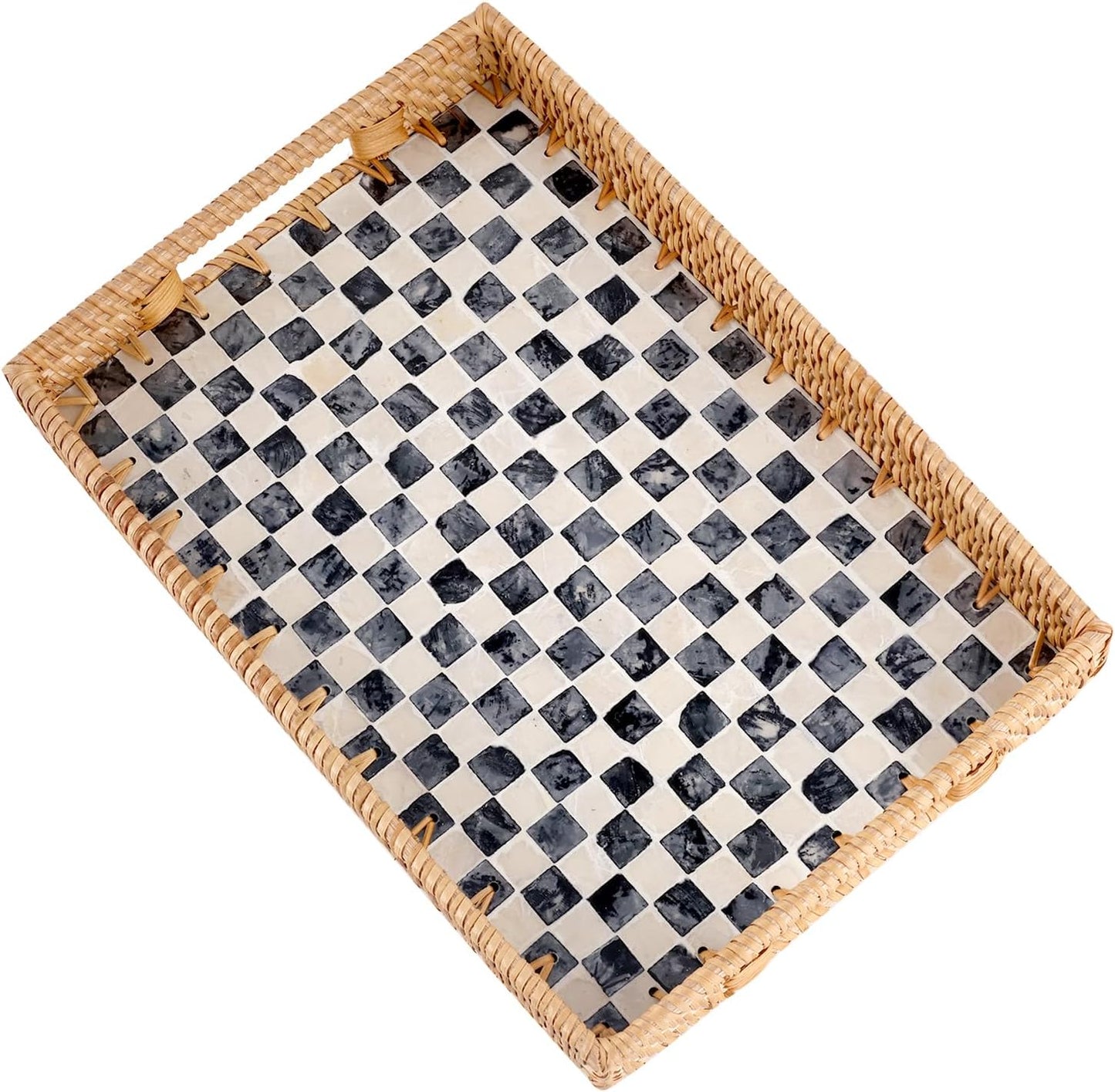 Rectangle Rattan Tray with Mother of Pearl Inlay, Rattan Serving Tray with Handle for Coffee, Bread, Fruits, Snacks, Decorative Wicker Tray for Table Decor (Black Checkerboard, 13"×9")