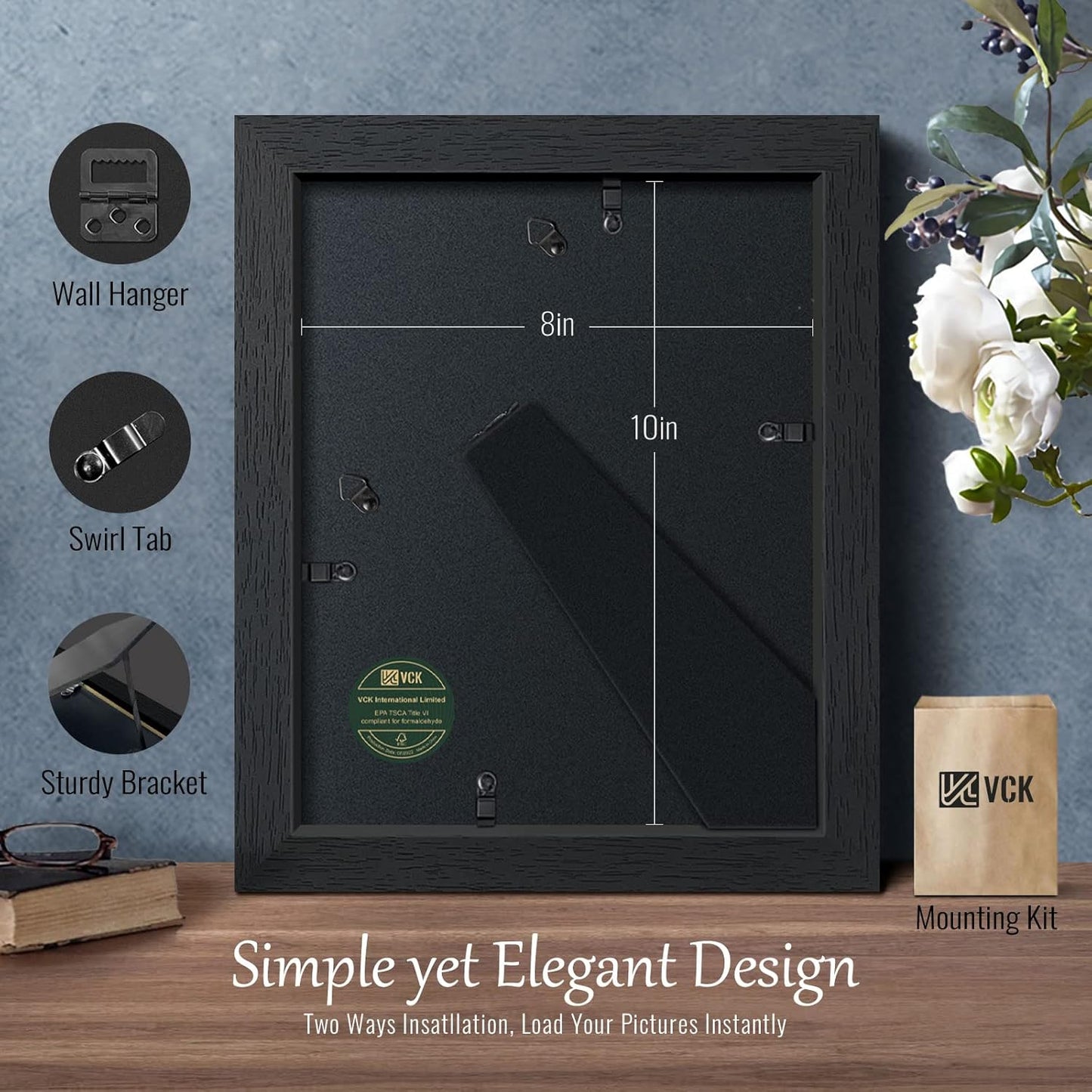 VCK 8x10 Solid Wood Picture Frame Set of 5,Textured Exclusive Black Picture Frames, Wall Hanging