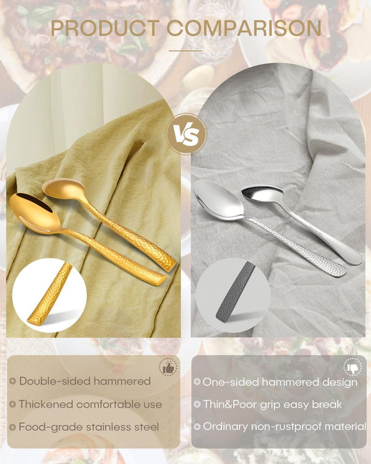 65-Piece Gold Silverware Set with Serving Utensils, Ollex Durable Stainless Steel Hammered Flatware Set for 12 with Knives Forks Spoons Large Serving utensil Set for Home Restaurant, Dishwasher Safe