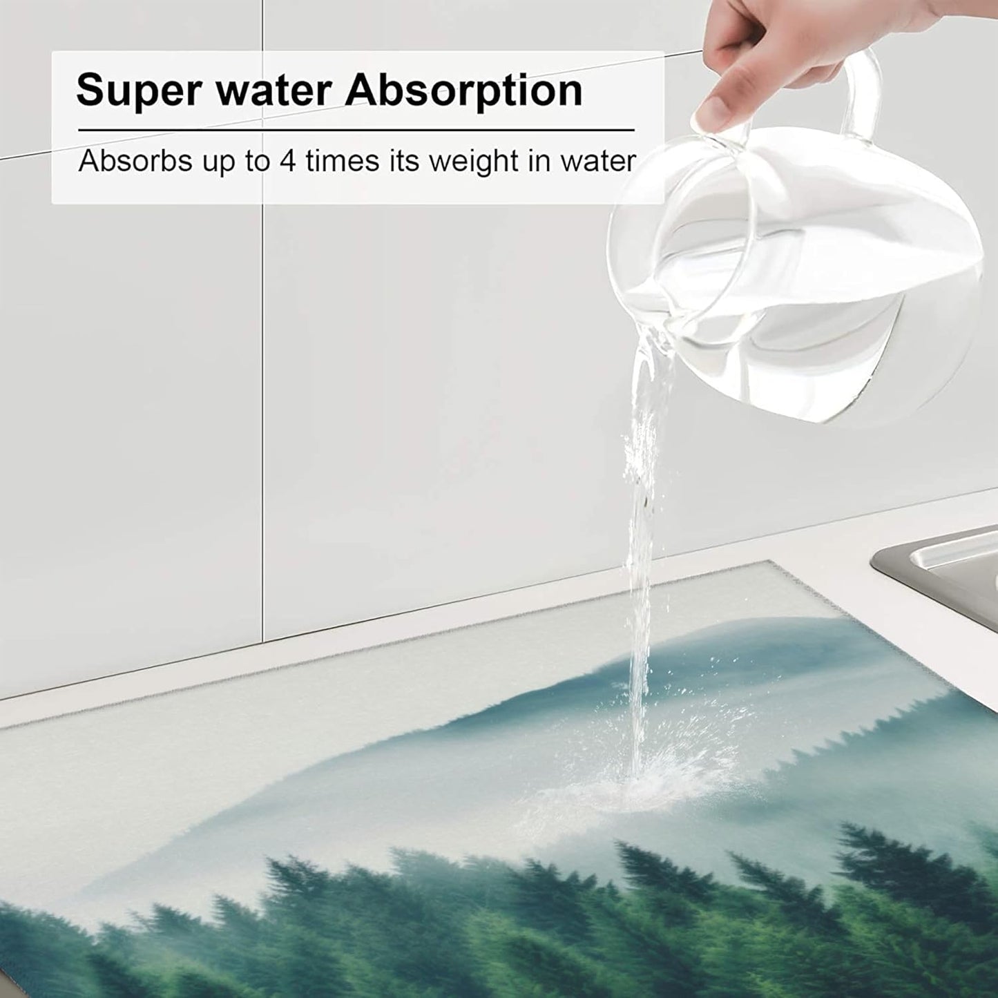 Forest Trees Mountain Dish Drying Mat 16x18 Inch, Microfiber Absorbent Fast Dry Mat Large Dish Mat Drying Kitchen Mat, Kitchen Drying Pad for Kitchen Counter Coffee Bar Decor Gifts