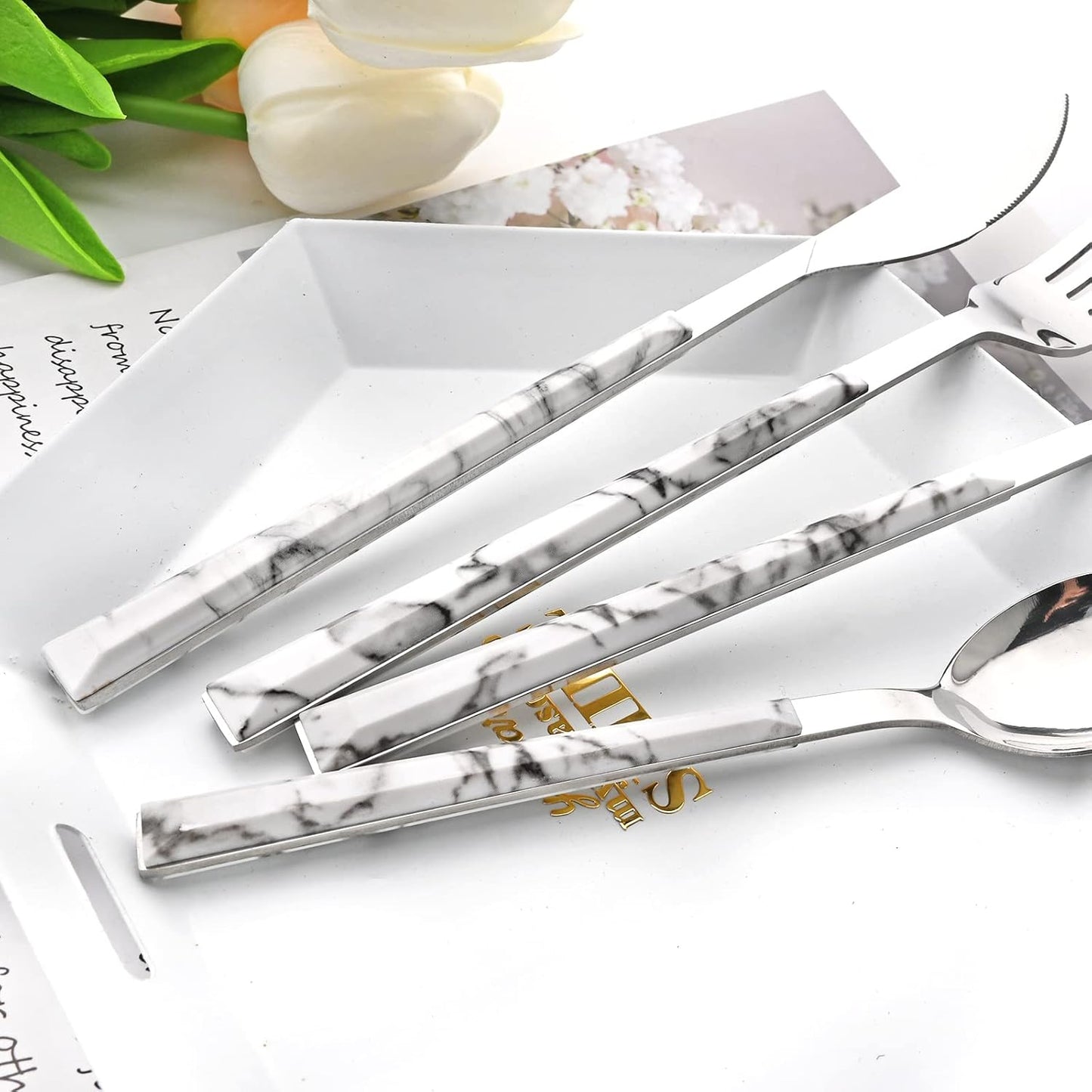 20 Piece (4 Set) Silver Stainless Steel Tableware With White Marble Handle, Wedding Cutlery And Daily Use, Silverware For Home Restaurant Party, Mirror Finished