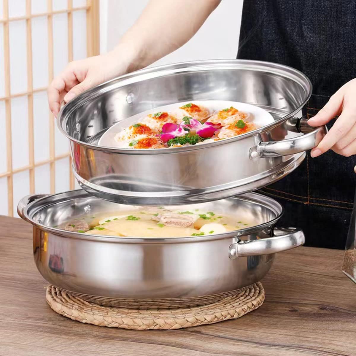 Steamer for Cooking, 5.0 Quarts Stainless Steel Steamer Pot, 2-Tier Food Steam Pots with Lid for Cooking Vegetables, Seafood, Soups, Stews and Pasta, 11 x 6.1 inch