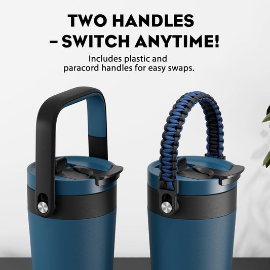 16 oz Insulated Coffee Mug for Work: 2-in-1 Straw Flip Lid, Keep Cold 24H, Fit in Car Cupholder, Leakproof, Stainless Steel Coffee Tumbler with Handle for Travel, Outdoor, Camping and Gifts (Deepsea)