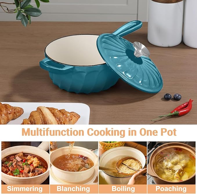 Enameled Cast Iron Sauce Pan, 2 Quart Enameled Saucepan with Lid, Mini Dutch Oven Enamel Saucepan for Cooking Pasta Sauce, Gravy, Puddings, Marinate, Boiling (Blue Green)