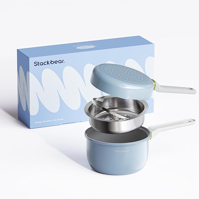 Ceramic Non Stick Sauce & Frying Pan Set, 2.5QT Saucepan, 7" Egg Omelette Pan & 18/10 Stainless Steel Steamer, Induction Cookware Set for Quick Meals, PTFE, PFOA & PFAS Free, Light Blue