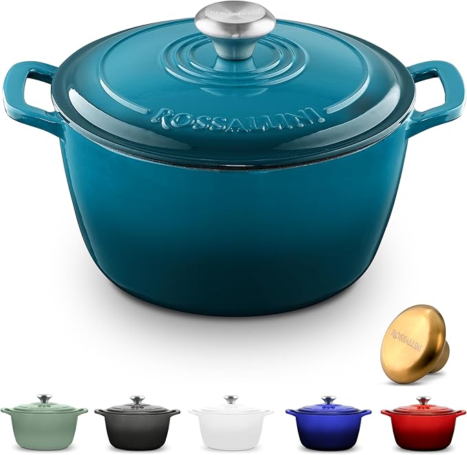 Signature Enameled Cast Iron Dutch Oven, Non-Stick Serving Pot with Tight Fitting Lid for Perfect Roasting, Baking, Sauteing, and Bread Making | 4.5Q (4.2L) - Ocean Blue