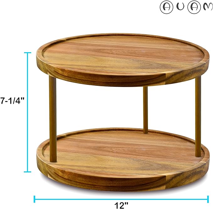 12" Two-Tier Acacia Wood Lazy Susan Organizer Kitchen Turntable for Cabinet Pantry Table Organization