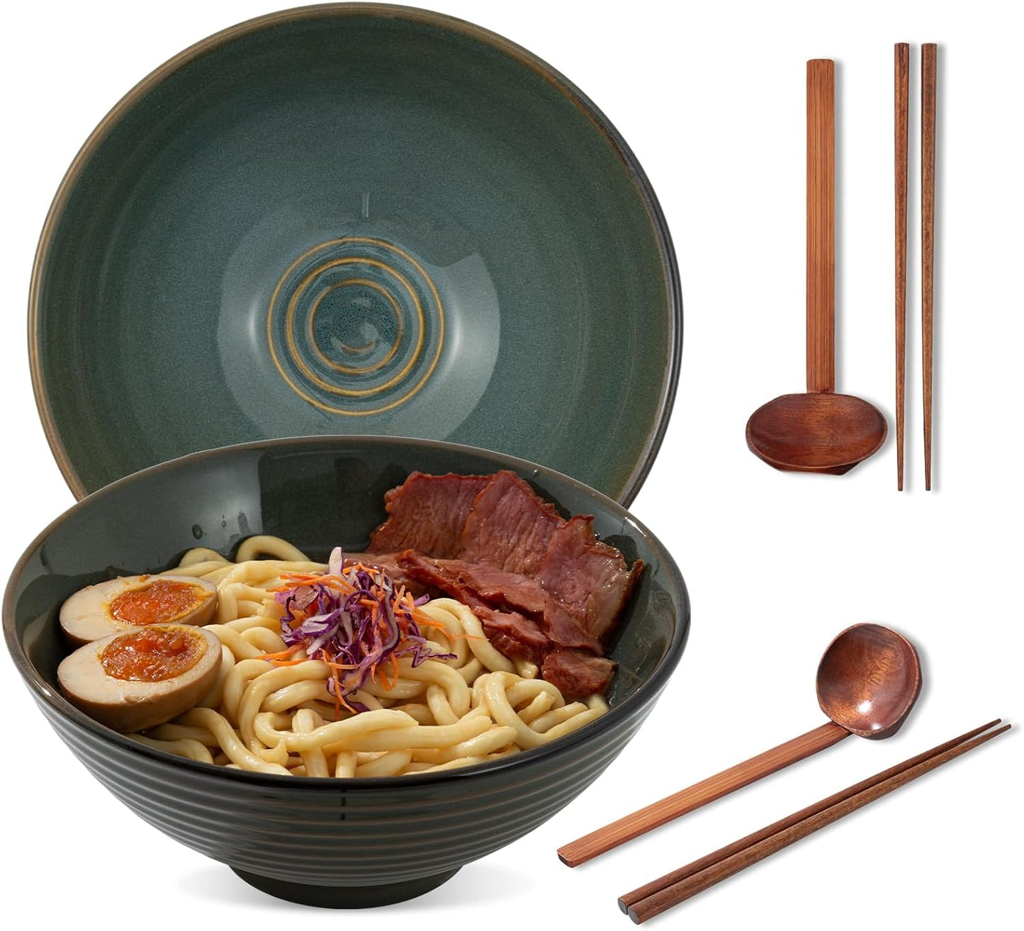 8 Inch Ceramic Ramen Bowl Set of 2, 40oz Japanese Bowls with Spoons & Chopsticks,Durable,Microwave & Dishwasher Safe,Perfect for Ramen,Pho,Salad,Soup,Noodles，Mixing bowls（Dark Teal）