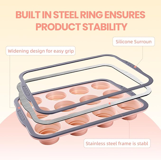 12-Cup Silicone Muffin Pan for Baking - Premium Nonstick Muffin Tin with Metal Reinforced Frame, Easy to Clean Silicone Cupcake Molds, Dishwasher & Oven Safe BPA Free