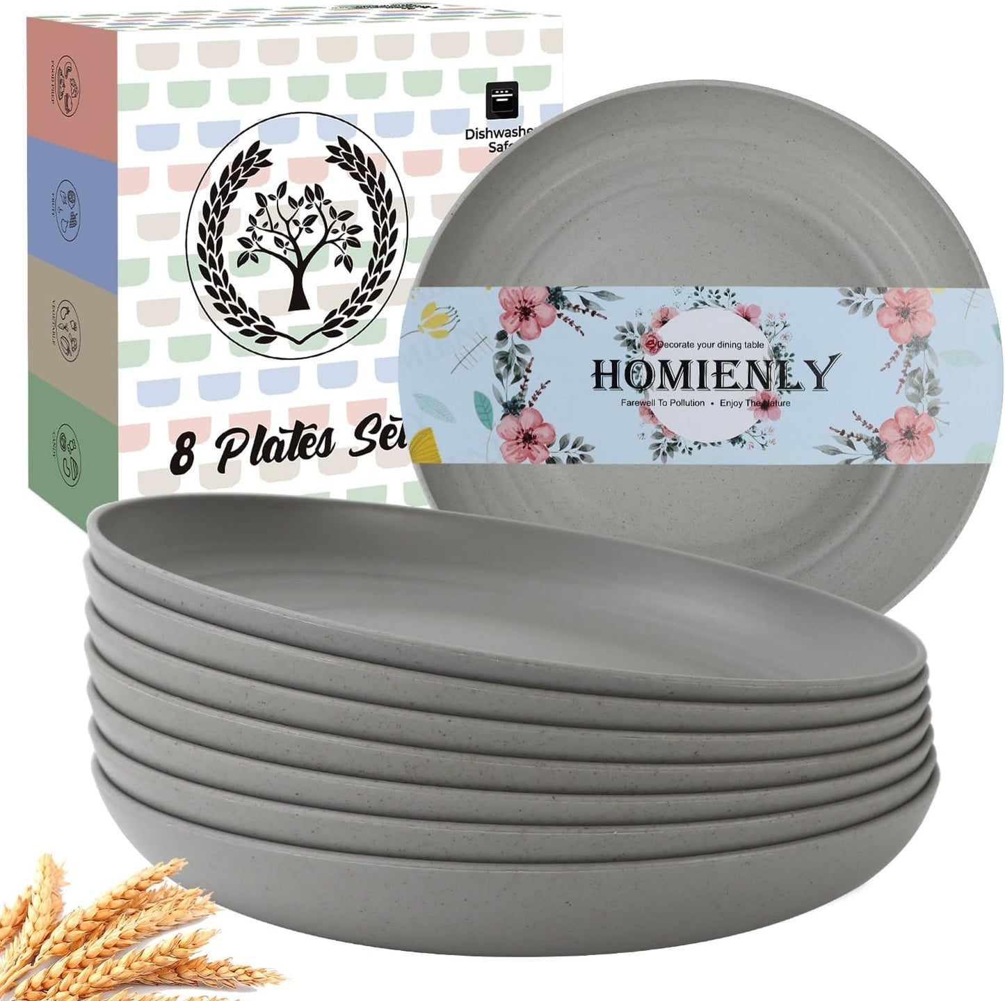 Homienly Dinner Plates Set of 8 Premium Wheat Straw Plate Alternative for Plastic Plates Lightweight Round Plate Set Microwave and Dishwasher Safe Plates for Kitchen Unbreakable (Grey, 10 inch)