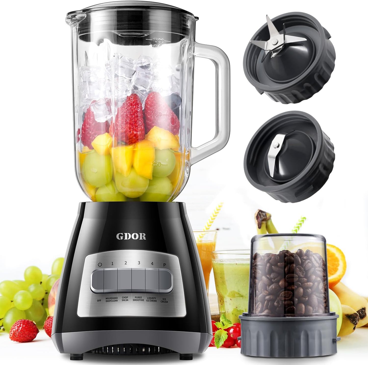 GDOR Blenders for Smoothies, 52 Oz Glass Jar Smoothie Blender, Countertop Blender & Grinder Combo, 9 Functions with 5 Speeds for Milkshakes, Puree, Crush Ice, and Chop, Max 700W