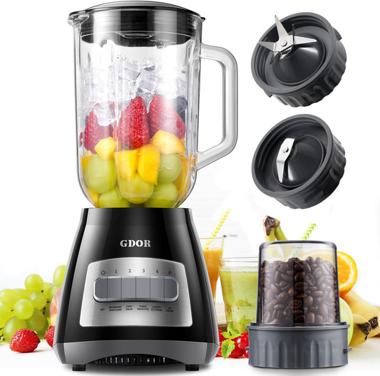 GDOR Blenders for Smoothies, 52 Oz Glass Jar Smoothie Blender, Countertop Blender & Grinder Combo, 9 Functions with 5 Speeds for Milkshakes, Puree, Crush Ice, and Chop, Max 700W