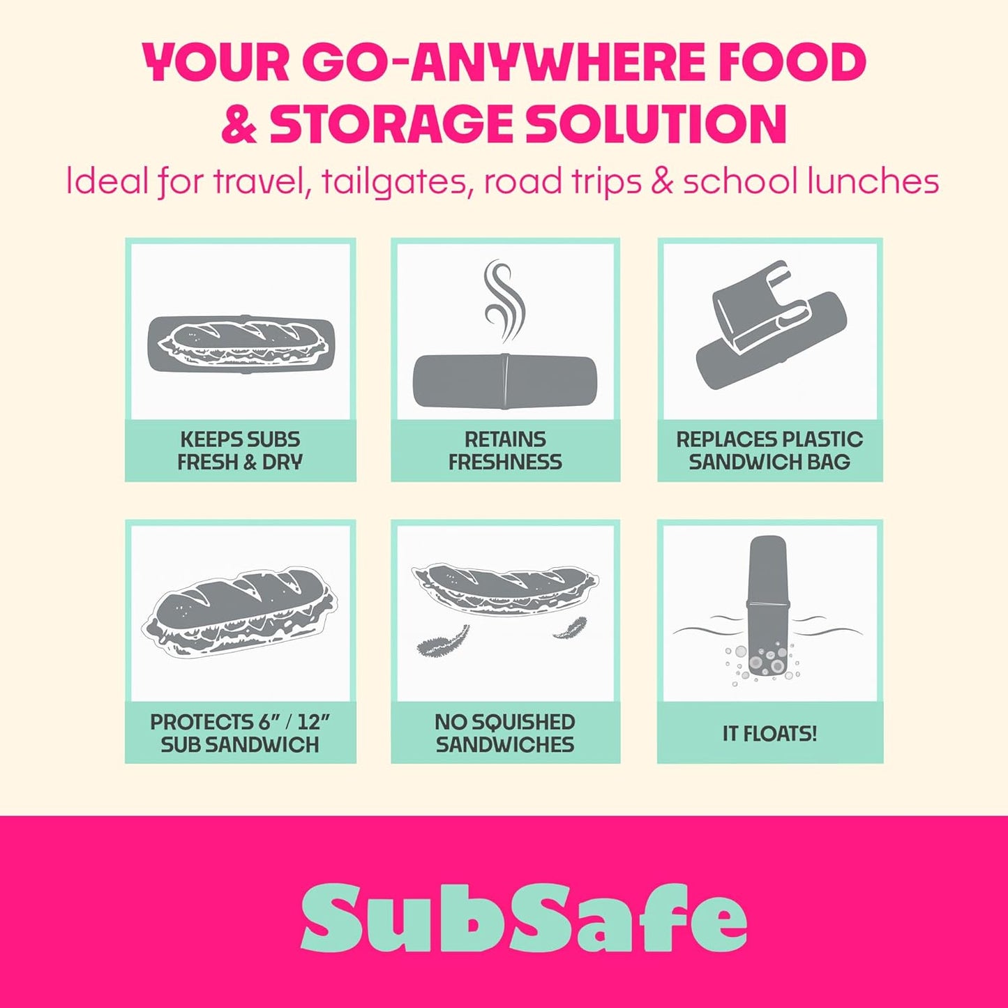 SubSafe 3-Piece Sub Sandwich Container, Hot Pink - As Seen on Shark Tank - Waterproof, Crushproof, BPA-Free Food Storage that Floats - Fits 6 & 12 in Subs - Great for Travel, Beach, Camping
