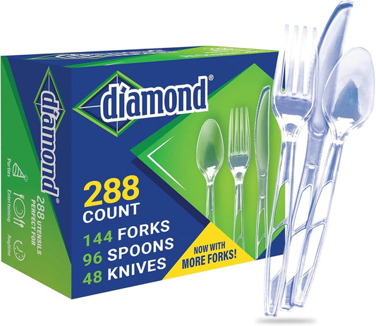 Diamond® Premium Clear Plastic Cutlery Set – 288 Count (144 Forks, 96 Spoons, 48 Knives), Disposable Full-Size Utensils, Party & Everyday Use