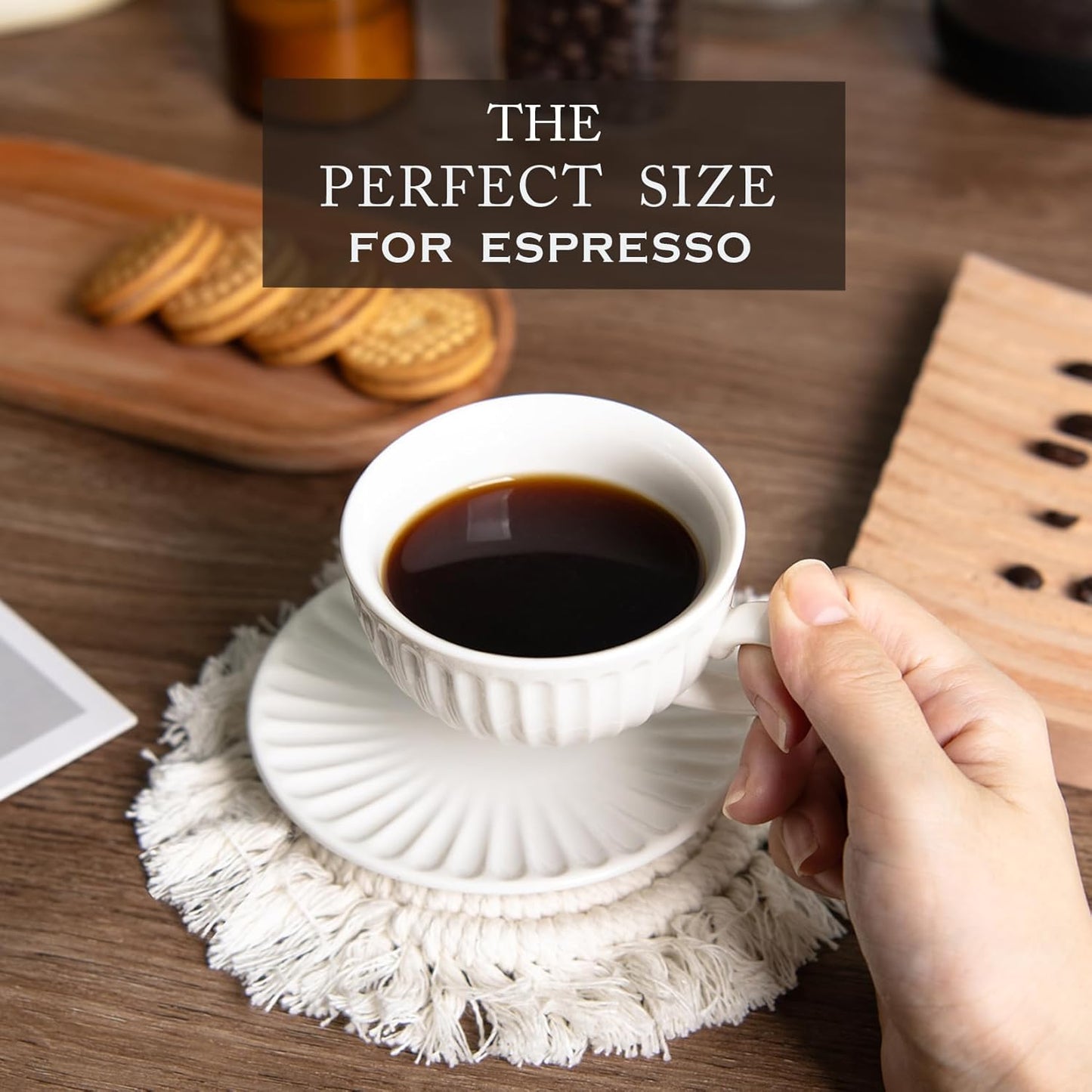 2 oz White Espresso Cups Set of 2, Ceramic Cappuccino Cups with Saucers, Durable Porcelain Tea Set & Modern Coffee Cup Collection, Coffee Lover Gifts