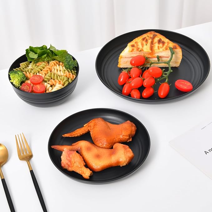 32 Piece Wheat Straw Dinnerware Set - Black Plates and Bowls for 8, Unbreakable, Dishwasher & Microwave Safe, Reusable, Lightweight Tableware, Ideal for Camping and Everyday Use