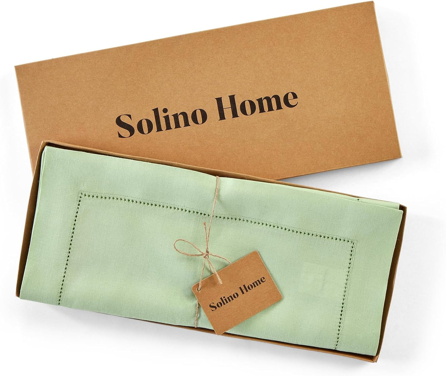 Solino Home Linen Light Green Hemstitch Table Runner 36 Inches - 100% Pure Linen Small Table Runner 14 x 36 Inch Ideal for Dresser and Coffee Tables - Classic Hemstitch
