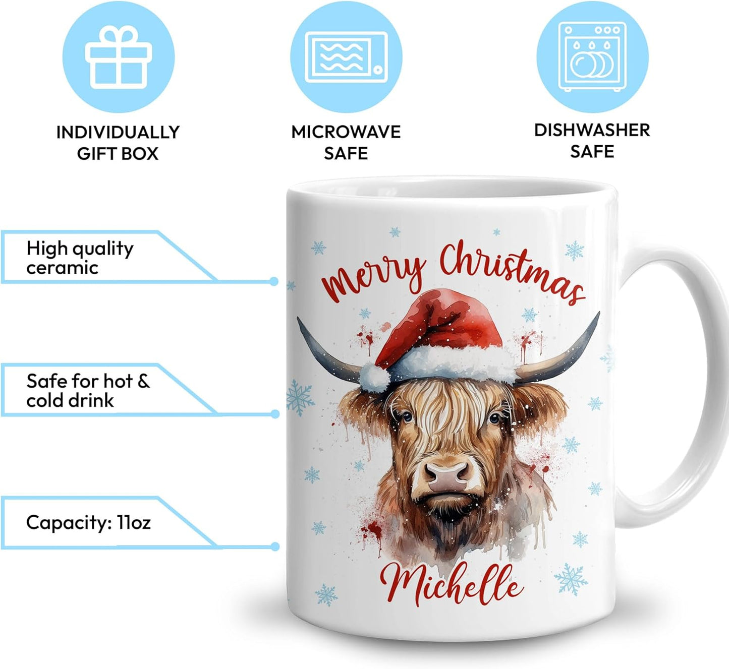 Hyturtle Personalized Gifts Highland Cow Lover - Highland Cow Wearing Santa Hat Custom Name Ceramic Coffee Mug Cup 11oz - Cute Animal Lovers Gifts For Women, Girl kids Family On Birthday, Christmas