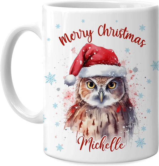 Hyturtle Personalized Gifts Owl Lover - Owl Wearing Santa Hat Custom Name Ceramic Coffee Mug Cup 11oz - Cute Animal Lovers Gifts For Women, Girl kids Family On Birthday, Christmas