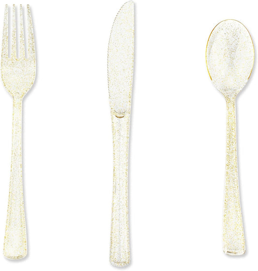 180PCS Gold Plastic Silverware Set, Disposable Glitter Gold Cutlery, Flatware Set, 60 Forks, 60 Spoons, 60 Knives, Fancy Party Utensils for Christmas