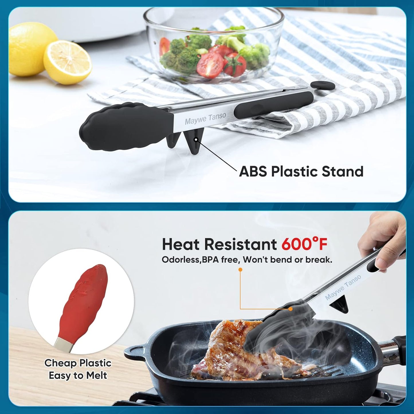 5-Pack Silicone Tongs for Cooking,Maywe Tanso 4PCS 13-Inch Kitchen Tongs with Silicone Tips,Nonstick Stainless Steel Tong for Steak Pie Pizza Pasta Spaghetti Salad BBQ Buffet,Plus Brush