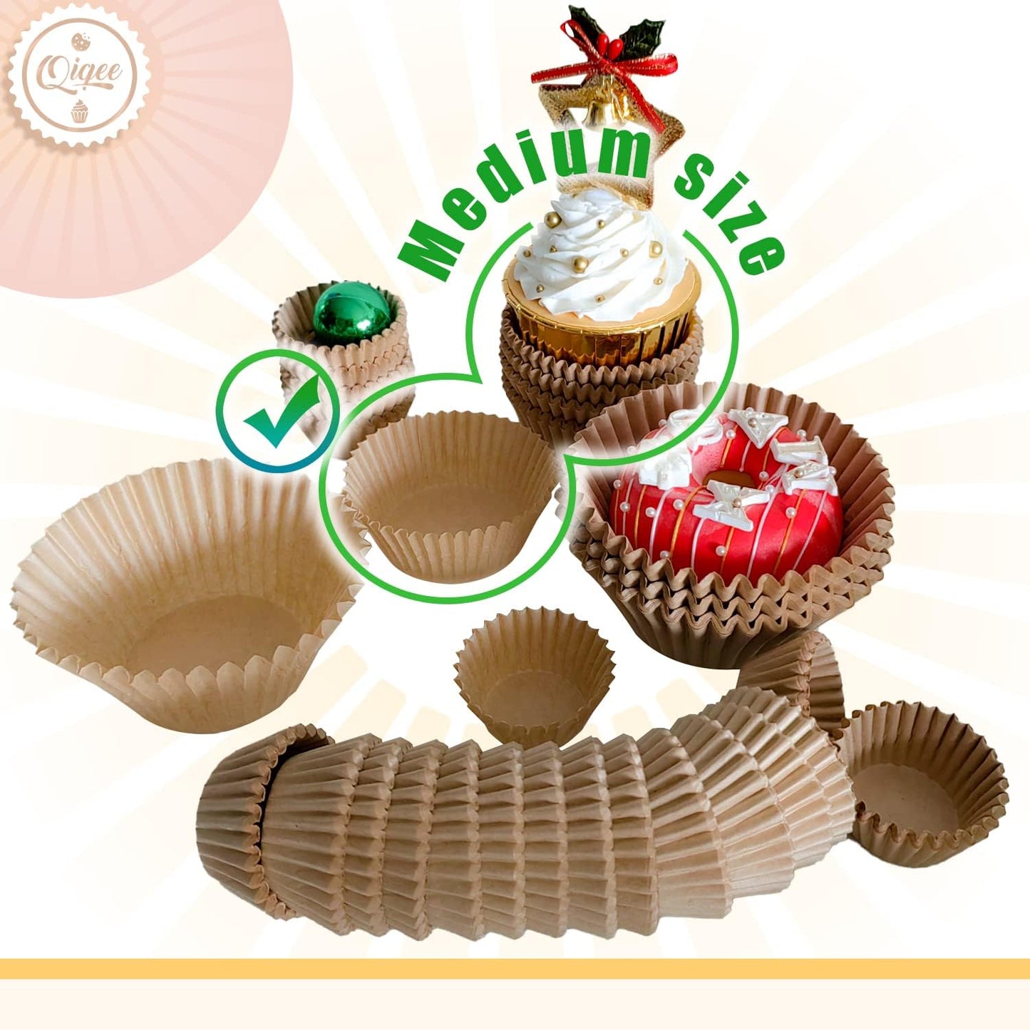 qiqee 600pcs Natural Cupcake Liners Muffin Linner No Smell, Food Grade Brown Baking Cups（Standard Size）