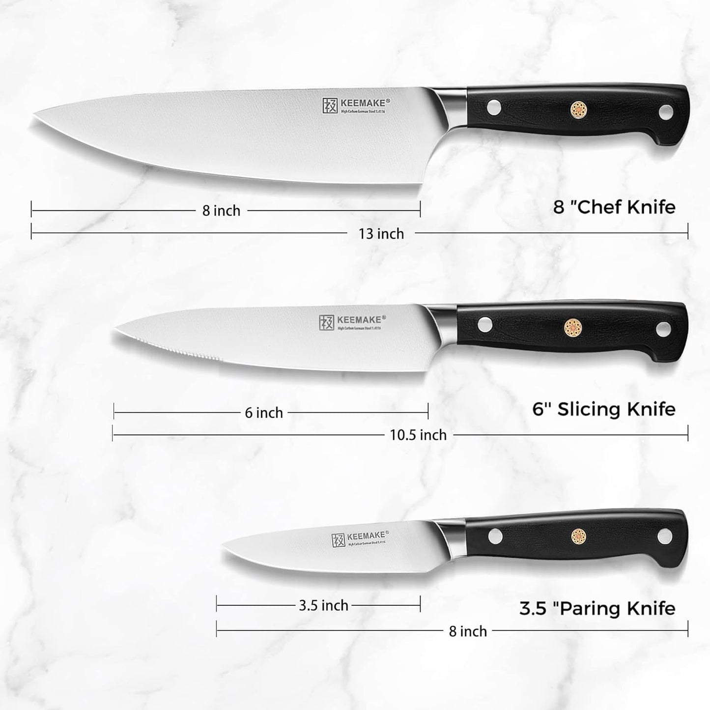 KEEMAKE Kitchen Knife Set, 3PCS Sharp High Carbon Stainless Steel Knives Set for Kitchen with Ergonomic Handle, Chef Knife set Professional Carving Knife Set for Meat Vegetable Fruit