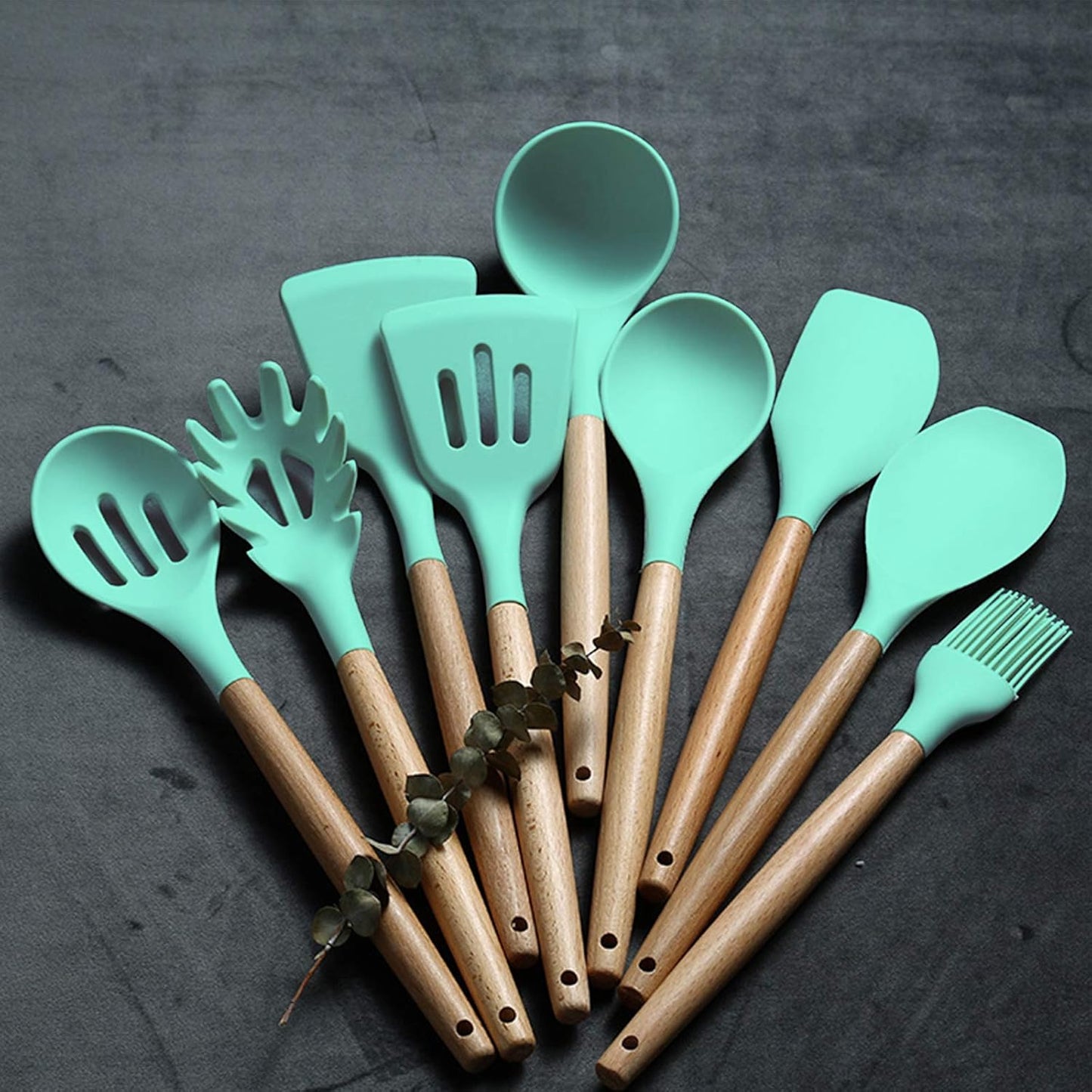 Umite Chef Kitchen Cooking Utensils Set, 24 pcs Non-stick Silicone Cooking Kitchen Utensils Spatula Set with Holder, Wooden Handle Heat Resistant Silicone Kitchen Gadgets Utensil Set (Green)