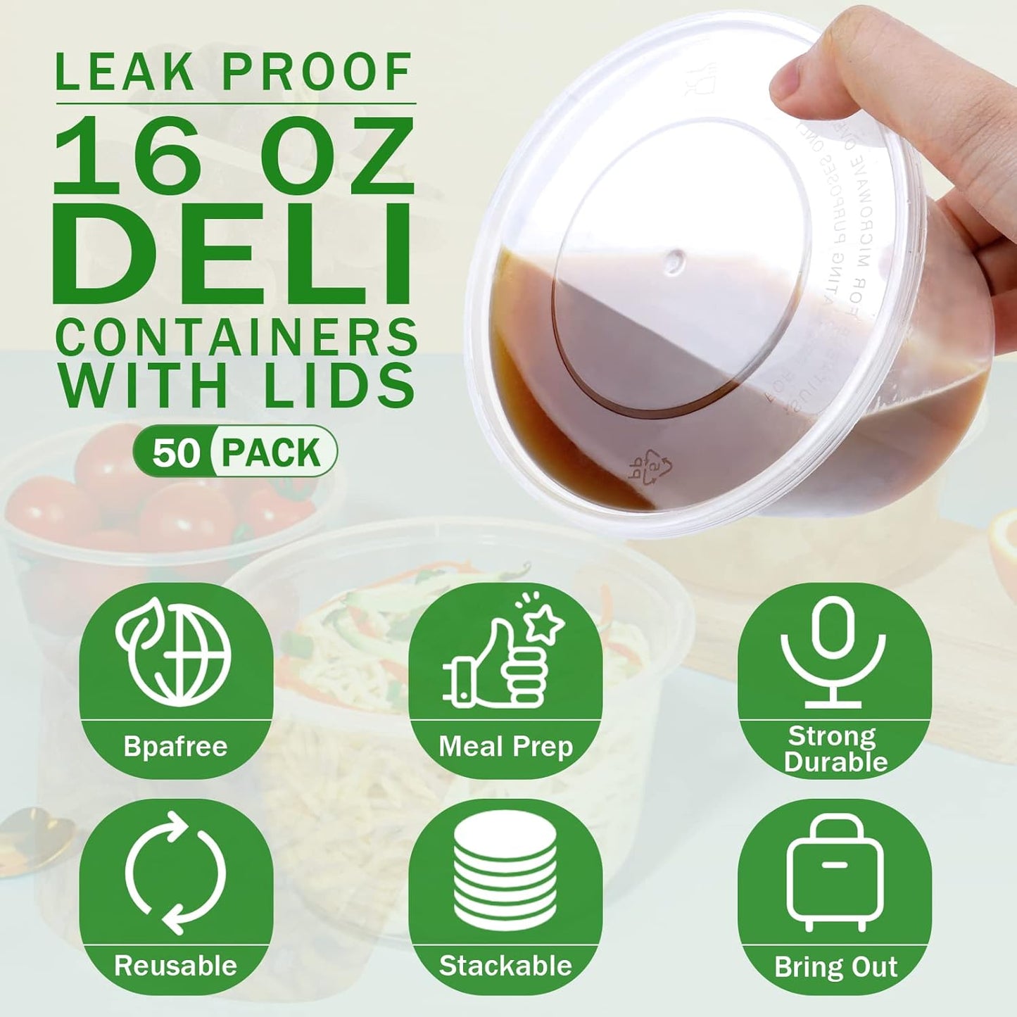 16 OZ [50 Set] Plastic Deli Food Storage Containers with Leak-Proof Airtight Lids BPA Free Disposable Togo Clear Containers for Soups, Heavy-Duty Ice Cream Microwave Dishwasher Freezer Safe