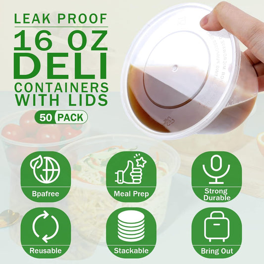 16 OZ [50 Set] Plastic Deli Food Storage Containers with Leak-Proof Airtight Lids BPA Free Disposable Togo Clear Containers for Soups, Heavy-Duty Ice Cream Microwave Dishwasher Freezer Safe