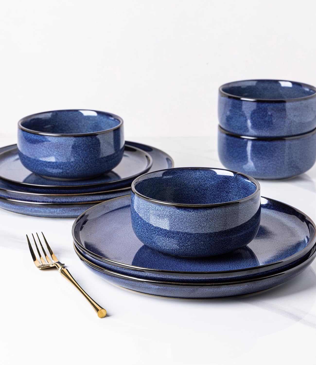 TheTerra Ceramic Dinnerware Sets for 4, 12 Pieces Handmade Reactive Glaze Plates and Bowls Set, Scratch Resistant Dish Set, Oven & Microwave & Dishwasher Safe, Blue