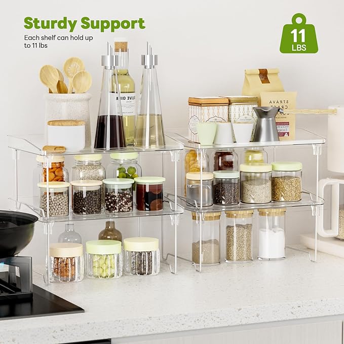 Acrylic Cabinet Organizer Shelf,4 Pcs Stackable Kitchen Counter Shelves,Spice Rack,Countertop Organizers,Clear Plastic Storage Organization for Makeup，Bathroom,Cupboard,Desk,Pantry