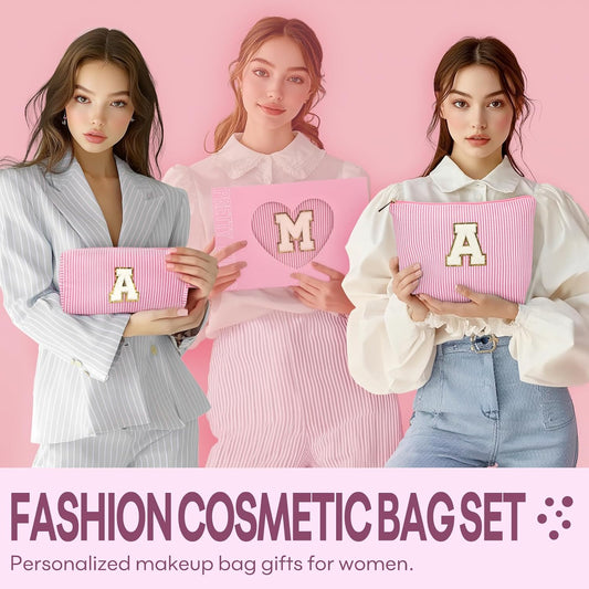2 PCS Initial Makeup Bags for Women: Cosmetic Bag for Travel Toiletry - Birthday Gifts for 11 12 13 14 15 16 17 18 Years Old Girl Graduation Teacher Gift- Teen Girl Gifts Trendy Stuff - Pink P
