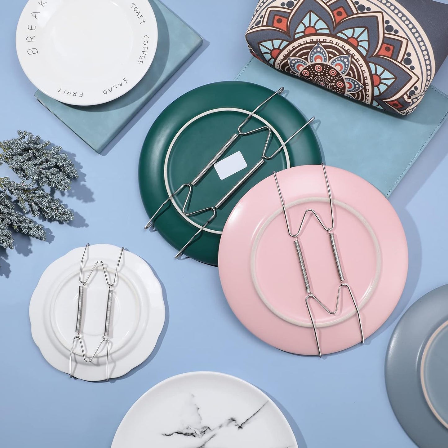 Hotop 12 Pieces Plate Hangers for Wall 6/8/10 Inch Stainless Steel Wire Invisible Plate Hangers Heavy Duty Display Holders with 12 Pieces Hooks for Wall Decorative(Silver)