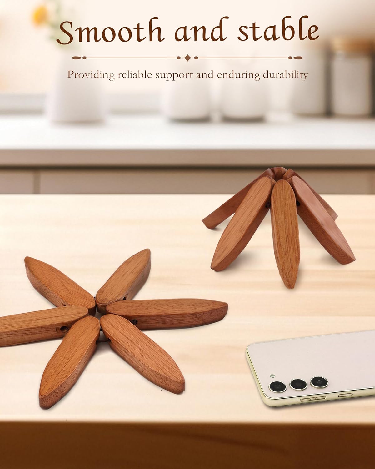 Tree-Shaped Placemats, Foldable Heat Resistant Anti-Stain Wood Trivet for Hot Dishes Pans, All-in-1 Set, 3PCS Easy-Cleaning Walnut Wood + Stand Coasters