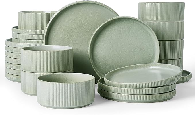 Famiware Star Dinnerware Set, Plates and Bowls Sets for 8 (24pcs), Ribbed Stoneware Dishes - Chip & Scratch Resistant, Microwave & Dishwasher Safe, Matte Sage Green