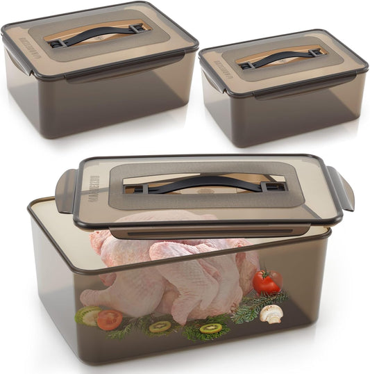 3 Pcs Marinating Containers with Lid 12.5, 8.3, 6.5 Quart Plastic Food Brining Containers Dishwasher Safe Grilling Accessories for Thanksgiving Meat Chicken Turkey Rib BBQ Prep Storage