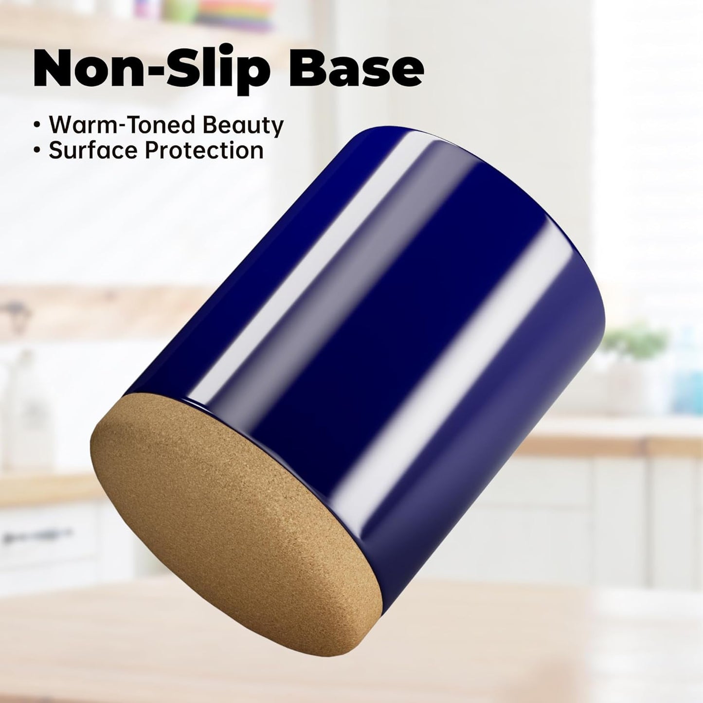 Ceramic Kitchen Utensil Holder for Countertop, Modern Crock with Non-Slip Cork Base, Counter Organizer for Cooking Tools , Blue